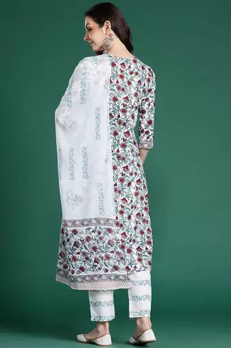 Floral Printed Pure Cotton Kurta With Trousers & Dupatta