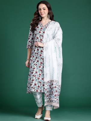 Floral Printed Pure Cotton Kurta With Trousers & Dupatta 7