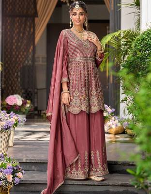 Floral Embroidered Sequinned Chinon A-Line Kurta With Palazzos & Dupatta 1