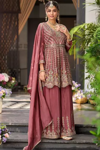 Floral Embroidered Sequinned Chinon A-Line Kurta With Palazzos & Dupatta