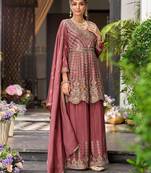 Floral Embroidered Sequinned Chinon A-Line Kurta With Palazzos & Dupatta