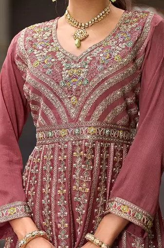 Floral Embroidered Sequinned Chinon A-Line Kurta With Palazzos & Dupatta
