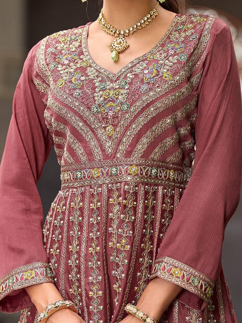 Floral Embroidered Sequinned Chinon A-Line Kurta With Palazzos & Dupatta