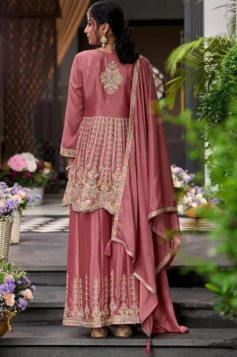 Floral Embroidered Sequinned Chinon A-Line Kurta With Palazzos & Dupatta