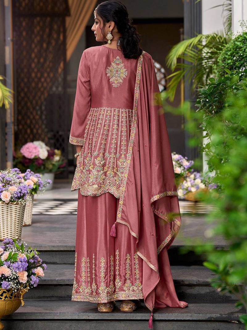 Floral Embroidered Sequinned Chinon A-Line Kurta With Palazzos & Dupatta