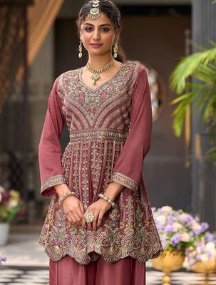 Floral Embroidered Sequinned Chinon A-Line Kurta With Palazzos & Dupatta 4
