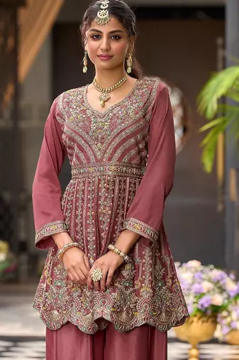 Floral Embroidered Sequinned Chinon A-Line Kurta With Palazzos & Dupatta
