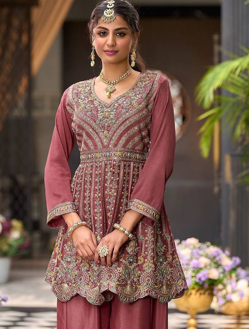 Floral Embroidered Sequinned Chinon A-Line Kurta With Palazzos & Dupatta