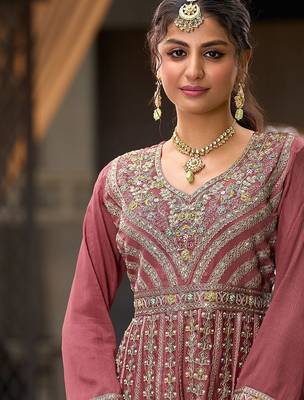 Floral Embroidered Sequinned Chinon A-Line Kurta With Palazzos & Dupatta 5