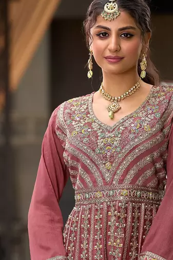 Floral Embroidered Sequinned Chinon A-Line Kurta With Palazzos & Dupatta