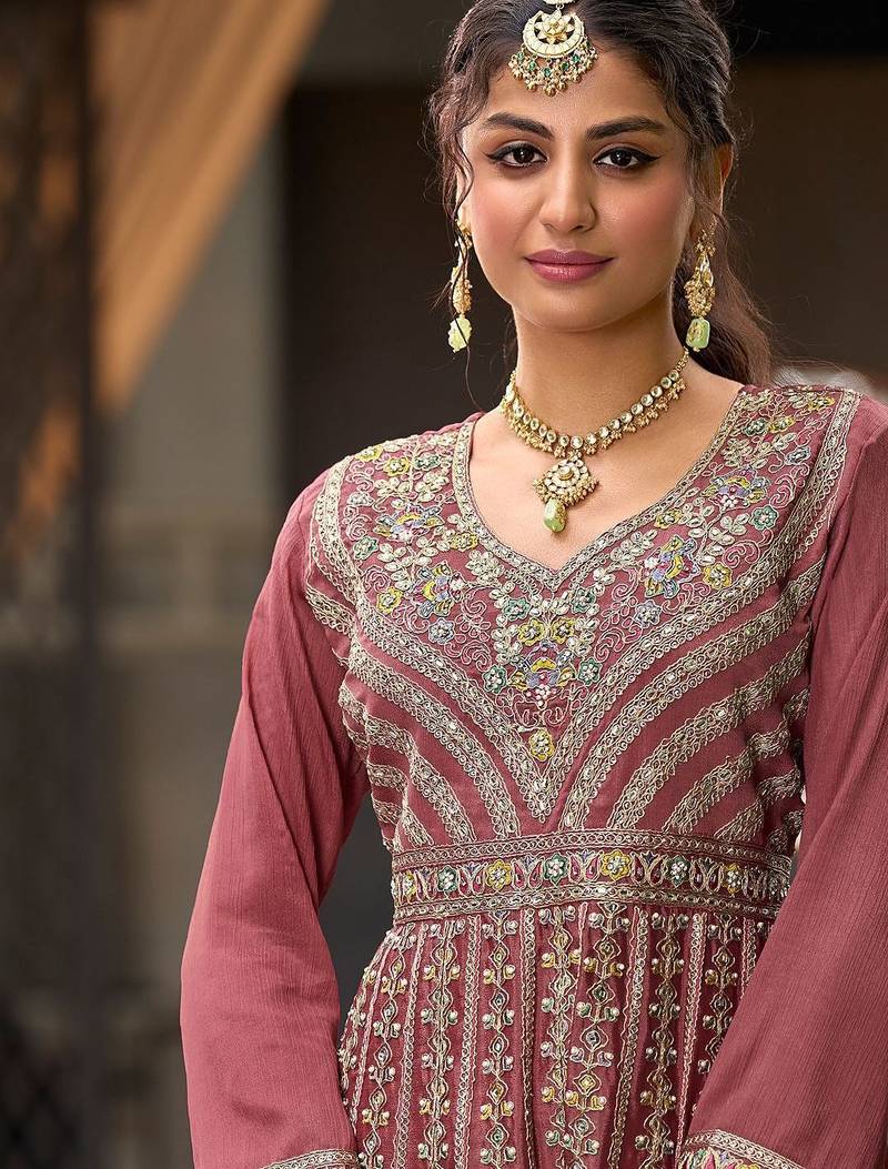 Floral Embroidered Sequinned Chinon A-Line Kurta With Palazzos & Dupatta