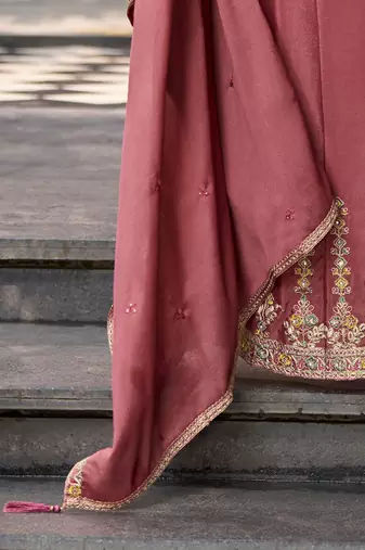Floral Embroidered Sequinned Chinon A-Line Kurta With Palazzos & Dupatta