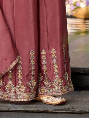 Floral Embroidered Sequinned Chinon A-Line Kurta With Palazzos & Dupatta 7