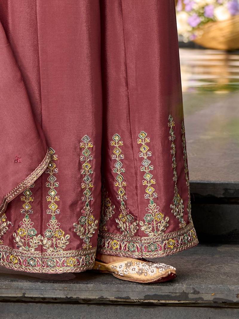 Floral Embroidered Sequinned Chinon A-Line Kurta With Palazzos & Dupatta