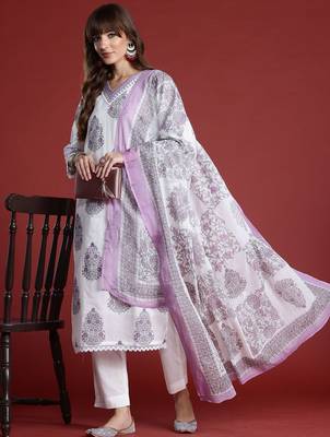 Floral Printed Sequinned V-Neck Pure Cotton Kurta with Trousers & Dupatta 1
