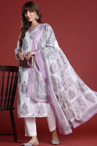floral printed sequinned v-neck  cotton kurta with trousers & dupatta