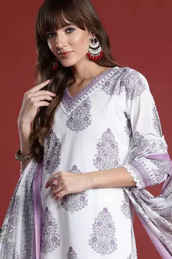 Floral Printed Sequinned V-Neck Pure Cotton Kurta with Trousers & Dupatta