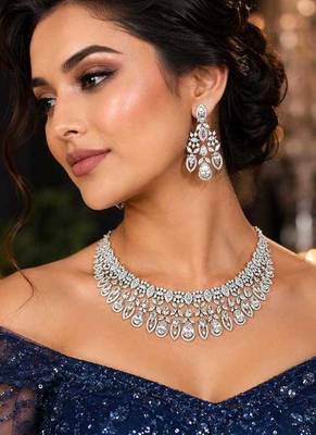 Luxury CZ Bridal Necklace Earrings Set, Statement Crystal Chandelier Jewelry 1