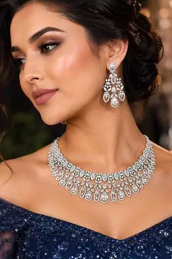 Luxury CZ Bridal Necklace Earrings Set, Statement Crystal Chandelier Jewelry