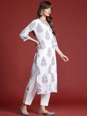Floral Printed Sequinned V-Neck Pure Cotton Kurta with Trousers & Dupatta 4