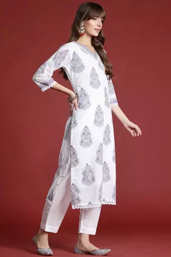 Floral Printed Sequinned V-Neck Pure Cotton Kurta with Trousers & Dupatta