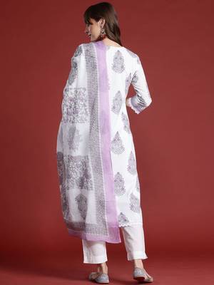 Floral Printed Sequinned V-Neck Pure Cotton Kurta with Trousers & Dupatta 5