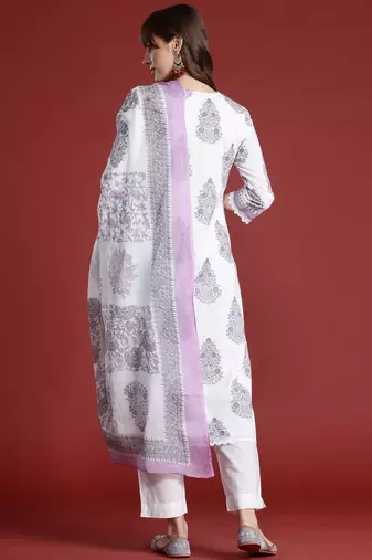 Floral Printed Sequinned V-Neck Pure Cotton Kurta with Trousers & Dupatta