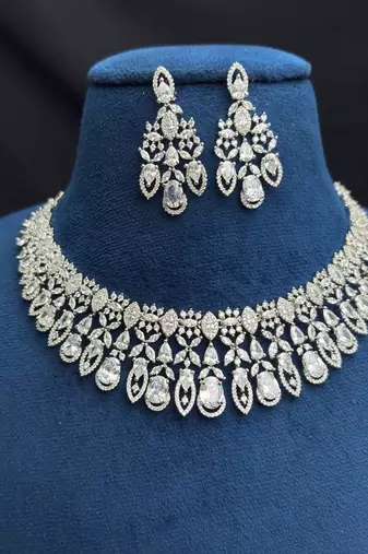 Luxury CZ Bridal Necklace Earrings Set, Statement Crystal Chandelier Jewelry