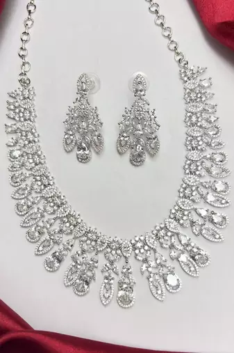 Luxury CZ Bridal Necklace Earrings Set, Statement Crystal Chandelier Jewelry