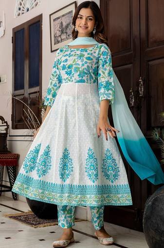 women floral printed regular  cotton kurta with trousers & with dupatta