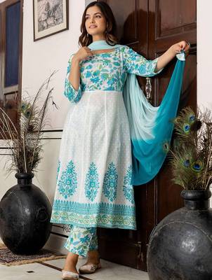 Women Floral Printed Regular Pure Cotton Kurta with Trousers & With Dupatta 7