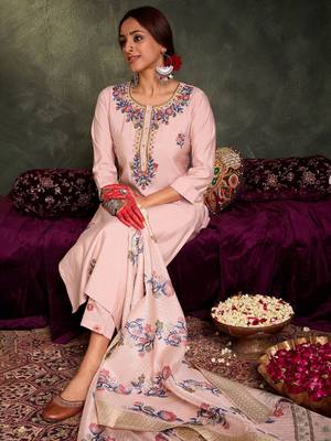 Floral Embroidered Thread Work Straight Kurta With Trousers And Dupatta 1