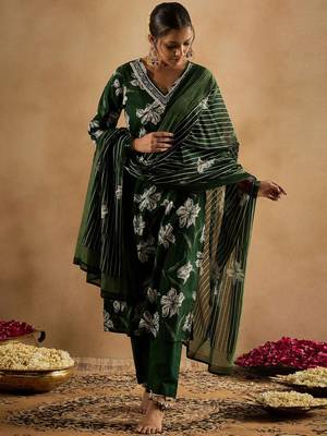 Floral Printed V-Neck Pure Cotton Straight Kurta With Trouser & Dupatta 1
