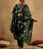 Floral Printed V-Neck Pure Cotton Straight Kurta With Trouser & Dupatta