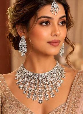 Luxury CZ Bridal Choker Necklace Set, Indian Wedding Jewelry, Crystal Earrings Maang Tikka 1