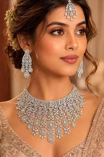Luxury CZ Bridal Choker Necklace Set, Indian Wedding Jewelry, Crystal Earrings Maang Tikka