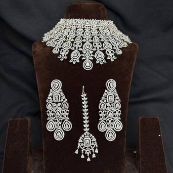 Luxury CZ Bridal Choker Necklace Set, Indian Wedding Jewelry, Crystal Earrings Maang Tikka 4