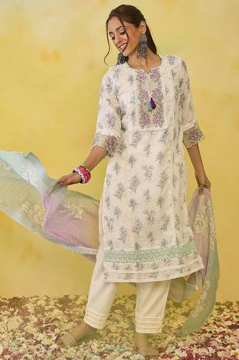 women floral printed regular thread work  cotton kurta with trousers & with dupatta