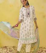 women floral printed regular thread work  cotton kurta with trousers & with dupatta