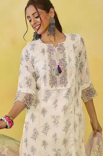 women floral printed regular thread work  cotton kurta with trousers & with dupatta