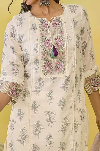 women floral printed regular thread work  cotton kurta with trousers & with dupatta