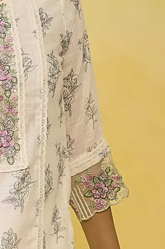 women floral printed regular thread work  cotton kurta with trousers & with dupatta