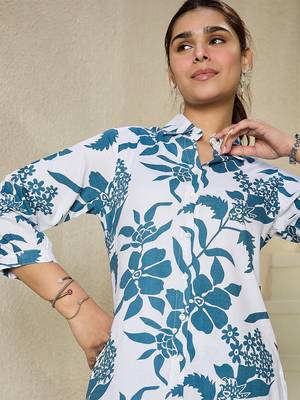 Floral Printed Shirt Collar Kurta With Trousers 2