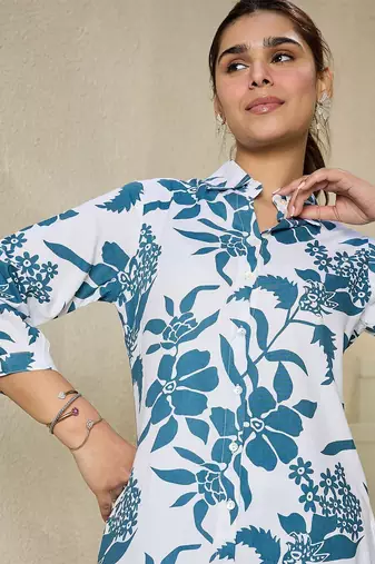 Floral Printed Shirt Collar Kurta With Trousers