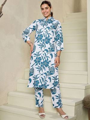 Floral Printed Shirt Collar Kurta With Trousers 3