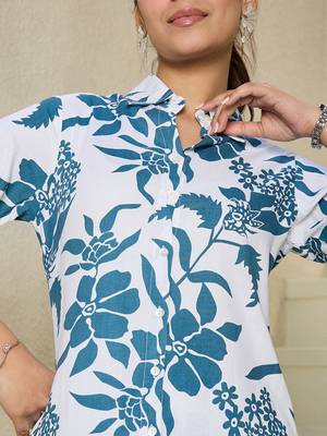 Floral Printed Shirt Collar Kurta With Trousers 4
