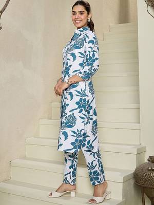 Floral Printed Shirt Collar Kurta With Trousers 1