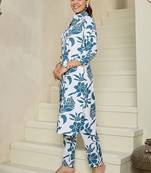 Floral Printed Shirt Collar Kurta With Trousers