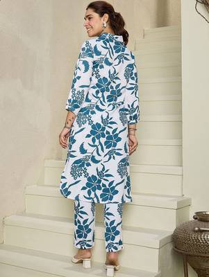 Floral Printed Shirt Collar Kurta With Trousers 6