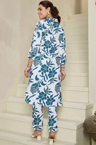 Floral Printed Shirt Collar Kurta With Trousers